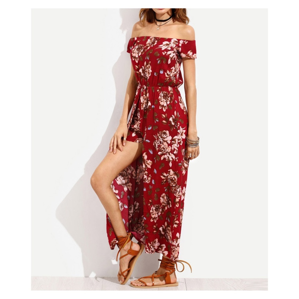 Red Floral Off the Shoulder High Low Romper - Picture 4 of 4